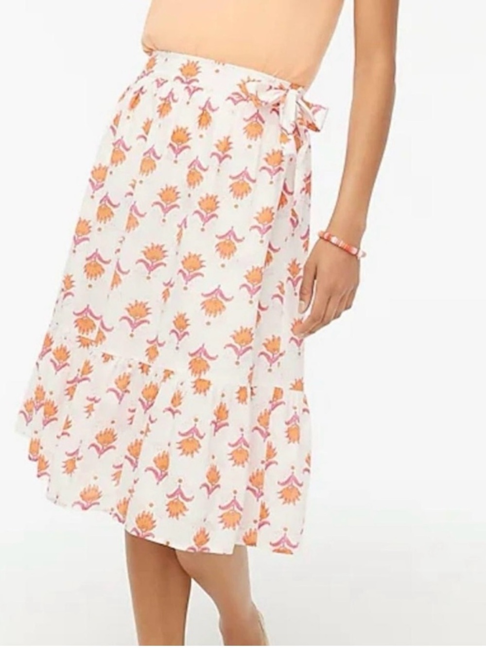 J. Crew Tiered Faux Wrap Midi Skirt White Pink Orange Floral Size 0 Cotton